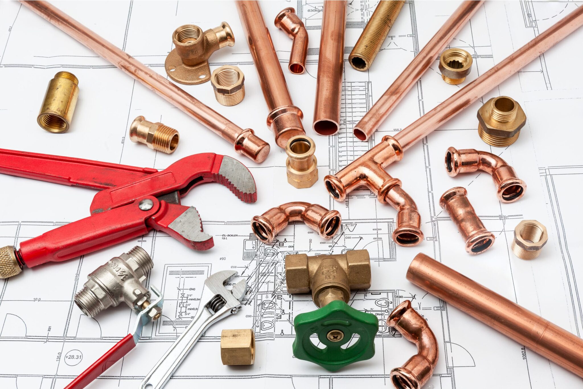 Copper pipes, fittings, valves, and plumbing tools in San Ramon