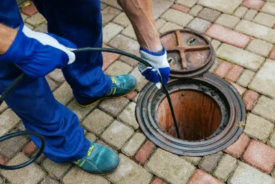 Plumber cleaning an outdoor sewer drain in San Ramon