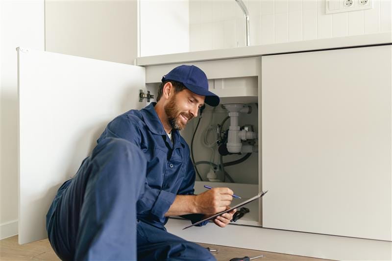 Residential plumber reviewing plumbing repairs in a San Ramon kitchen