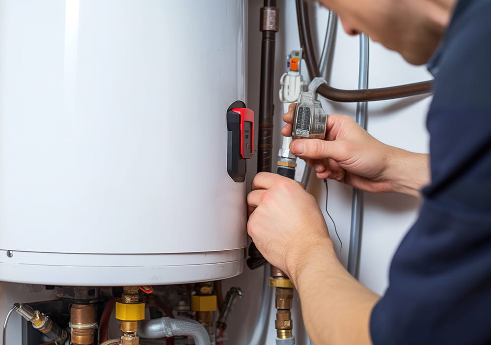 Technician repairing pipes connected to a water heater in San Ramon
